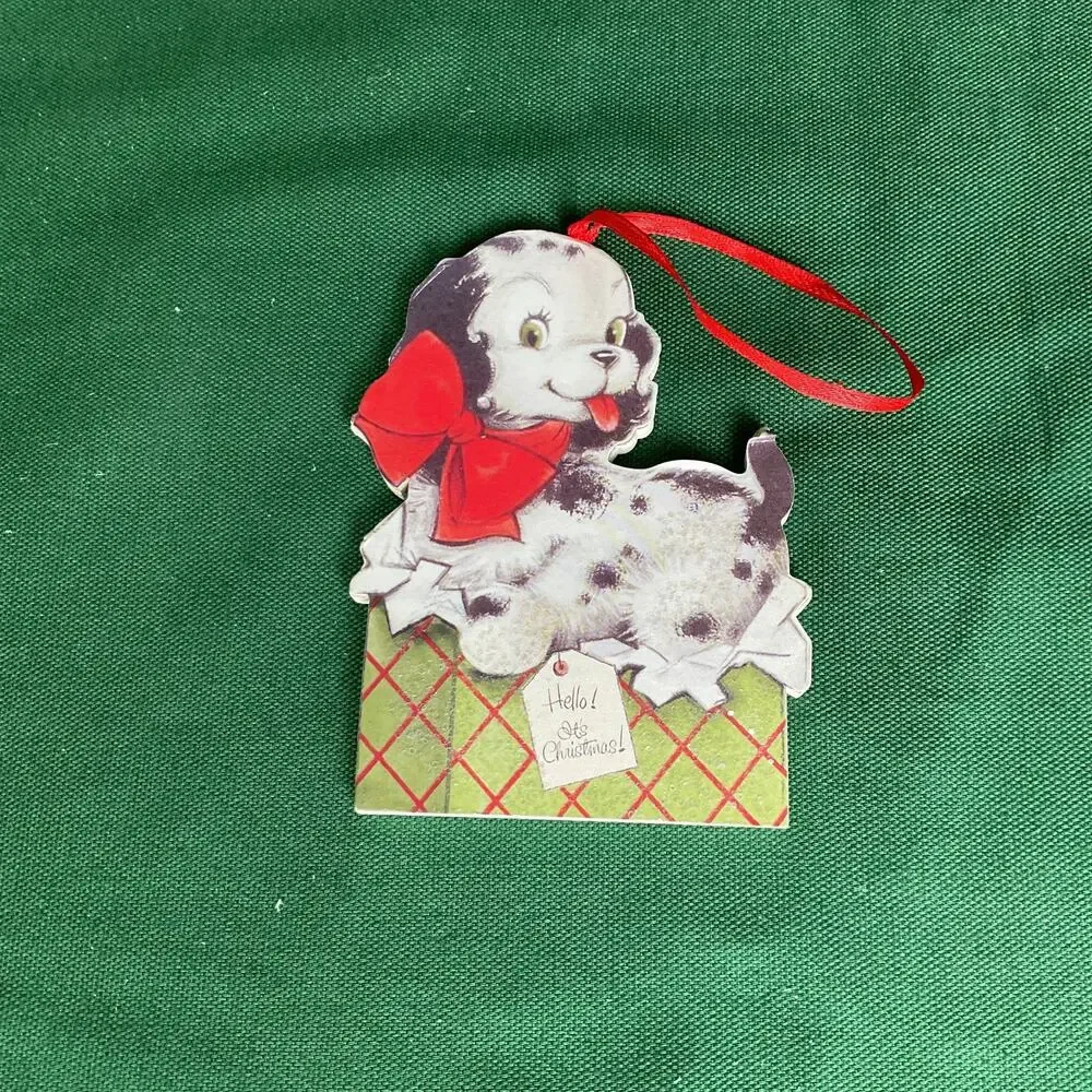 Vintage Style Black & White Puppy in Present Christmas Ornament